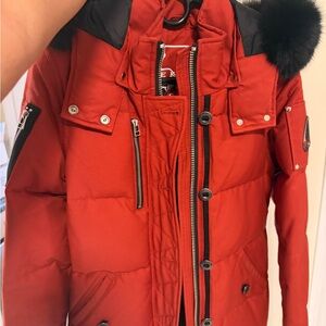Moose Knuckles Red Puffer Jacket with Black Accents